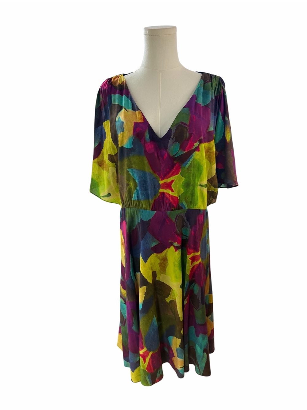 Alice + Olivia Silk Blend Dress Abstract Print V Neck Flutter Sleeve